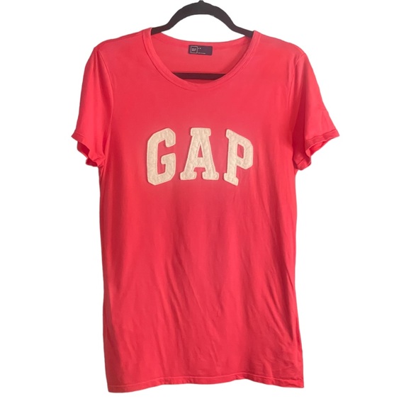GAP Tops - GAP Logo Tee Womens Large Pink White Fabric Gap Logo Relaxed Fit T Shirt